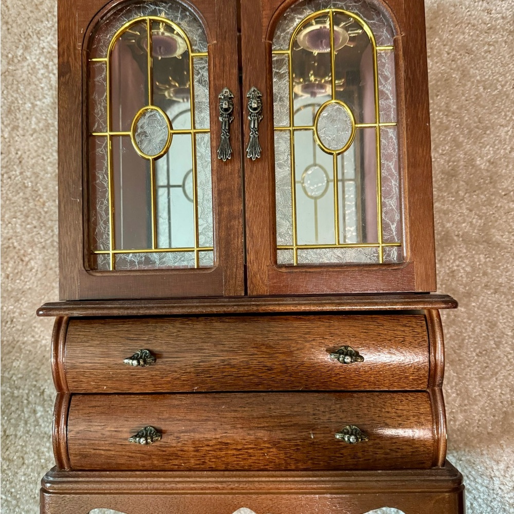Vintage Wooden Jewelry Box with Frosted Glass Doors